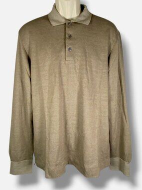 Zegna Men's Beige Long-Sleeved Cotton Silk Polo Shirt Size IT 56